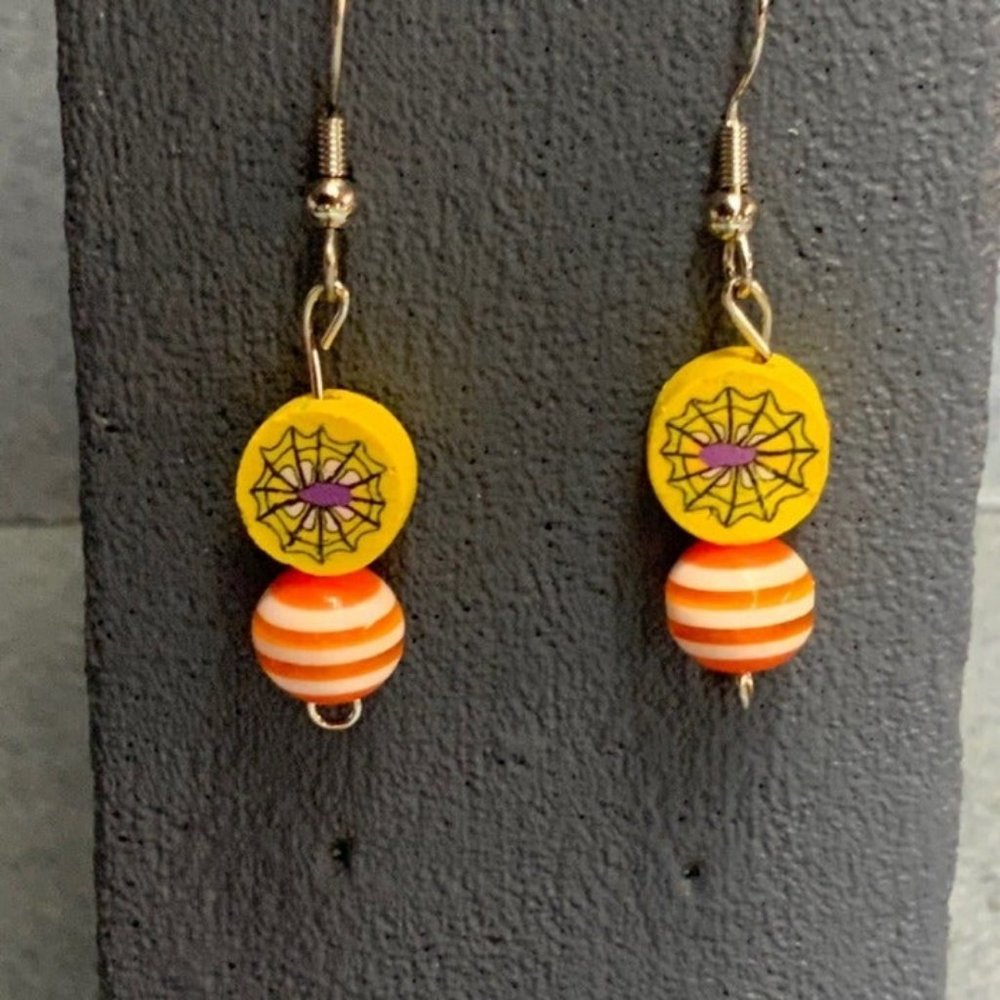 Halloween Earrings Spiderweb Yellow Purple Orange White Stripe